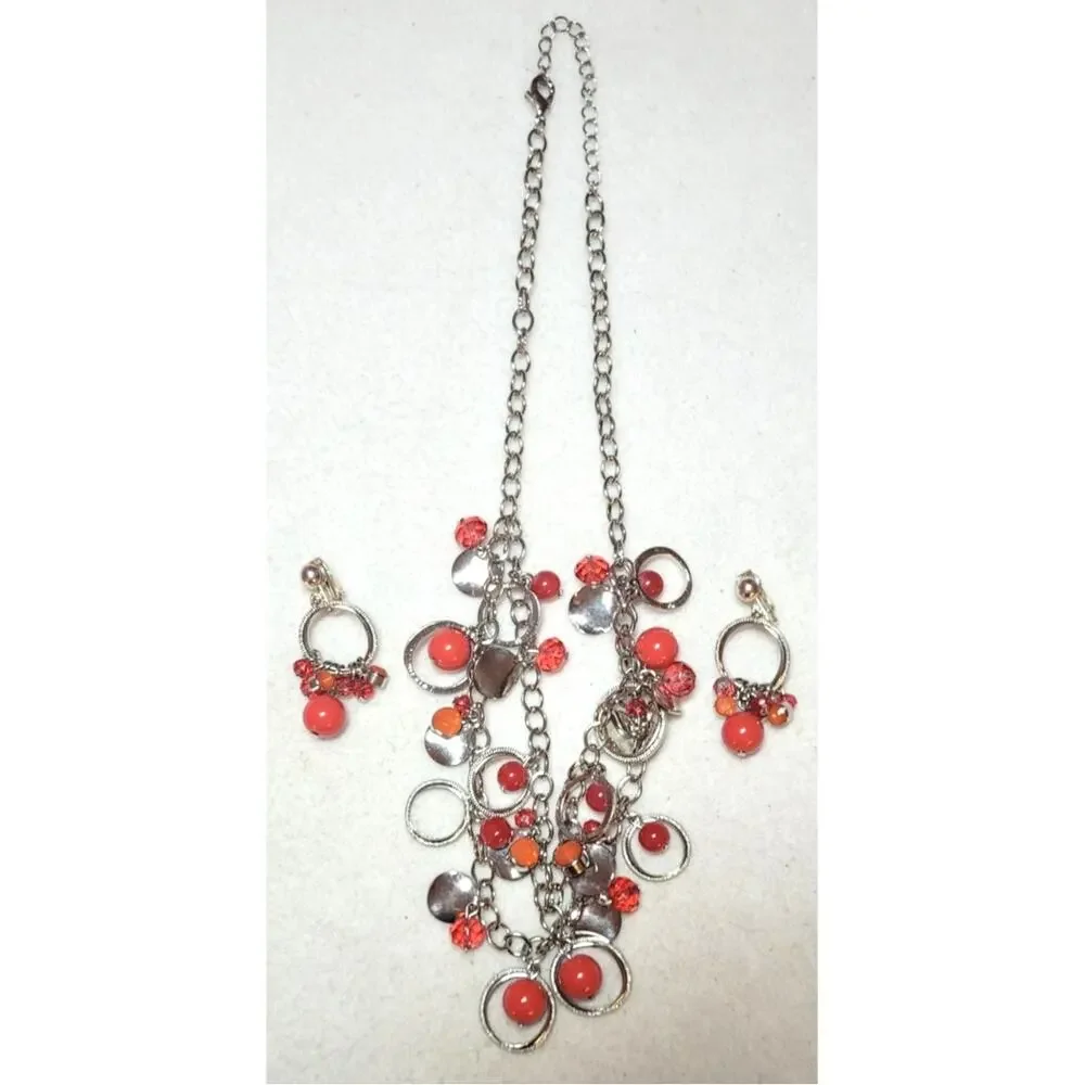 Red Glass Beaded Statement Necklace Clip On Earrings Set Multistrand Silvertone